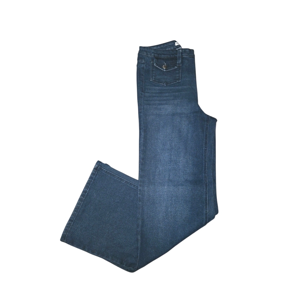 Nine West Dark Blue Wash Stretch Denim Flap Pocket High Rise Flare Jeans Size 12